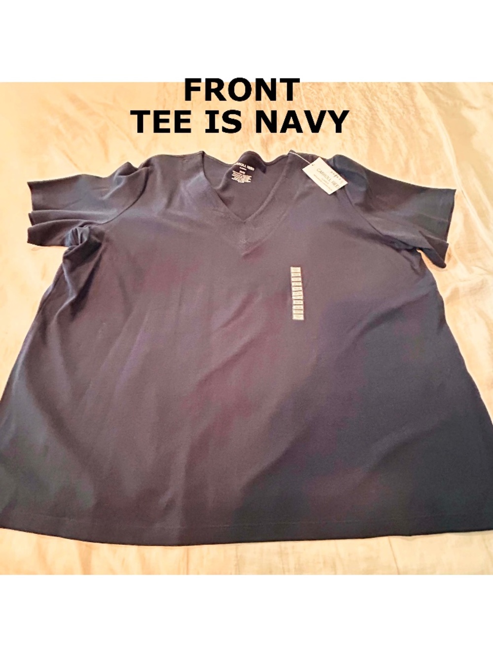 T-SHIRT, NAVY, SIZE 3X, SHORT SLEEVES, EMBROIDERED NECKLINE, PURE COTTON, VEE